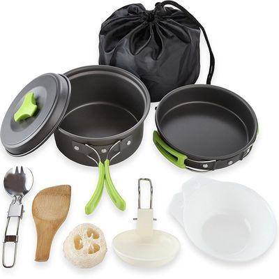 Teruggave van teruggaafde goederen Outdoor Camping Kookgerei Mess Kit Aluminium Kookpot Frying Pan Set